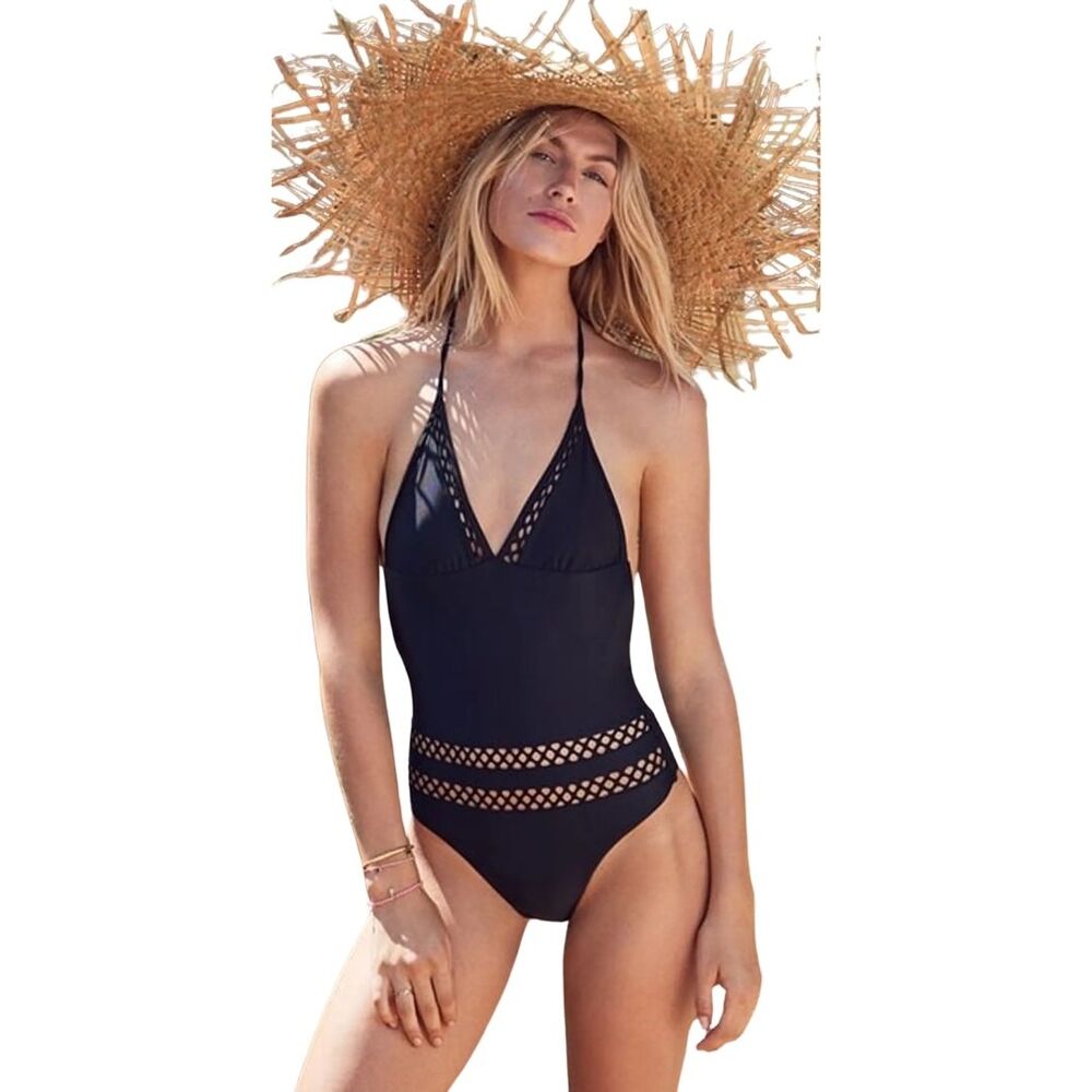 TULAROSA Dylan Revolve Crochet Halter One Piece Swim Suit Black NWT XS